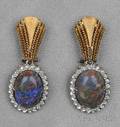 18kt Gold Synthetic Opal and Diamond Earclips