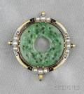 Art Deco 14kt Gold Carved Jadeite and Enamel PendantBrooch