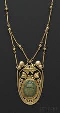 Arts  Crafts 14kt Gold and Faience Scarab Necklace FG Hale