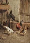Continental School 19th Century Roosters by a Barn