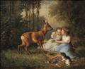 German School 19th Century Two Children with a Pet Fawn