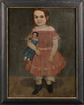 American School 19th Century Portrait of a Young Girl Wearing a Red Dress and Holding a Doll