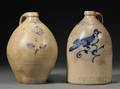 Two Norton Stoneware Jugs with Cobalt Bird and Flower