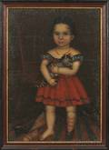 American School 19th Century Portrait of a Girl Wearing a Red Dress and Holding a Kitten