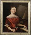 American School 19th Century Portrait of Girl Wearing a Red Dress Seated at the Piano