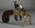 Engraved Brass and Steel and Walnut Pistolform Flintlock Tinder Lighter