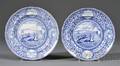 Two Blue Transferware Landing of the Fathers at Plymouth Dinner Plates