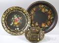 Two Large Circular Paintdecorated Tole Trays and a Paneled Bowl