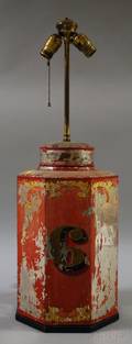 Gilt and Redpainted Octagonal Tin Retail 6 Tea CanisterTable Lamp