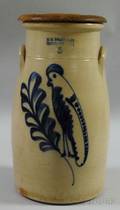 FB Norton  Co Worcester Mass Cobalt Parrot on Sprigdecorated Stoneware Fivegallon Churn
