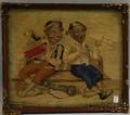 Framed Wool Needlepoint Picture of Two Boys Playing Music on a Bench
