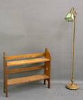 Arts  Crafts Brass Floor Lamp with Green Slag Glass Panel Shade and an Arts  Crafts Oak Book Rack with Cutout End panels