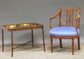 Regencystyle Upholstered Mahogany Armchair and a Giltdecorated Painted Tole Tray on Mahogany Stand