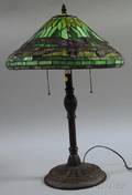 Modern Tiffanystyle Leaded Art Glass Dragonfly Pattern Table Lamp with Patinated Cast Metal Base