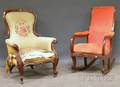 Victorian Upholstered Walnut Lincoln Armrocker and Rococo Revival Needlepoint Upholstered Carved Walnut Parlor Armchair