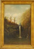 American School 20th Century Tropical Landscape with Figures and Waterfall