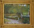 American School 20th Century Little Girl Fishing in a Summer Stream