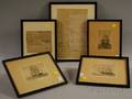 Two Framed 18th Century Handwritten BillsReceipts and Three Framed Etchings of American Sailing Ships