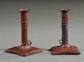Pair of Miniature Redpainted Pushup Tin Candlesticks