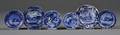 Six Blue Transferdecorated Staffordshire Pottery Cup Plates