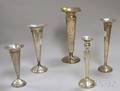 Four Weighted Sterling Silver Trumpet Vases and a Weighted Candlestick