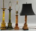 Three Frenchstyle Penworkdecorated Metal Columnar Table Lamps and a Marble Columnar Table Lamp