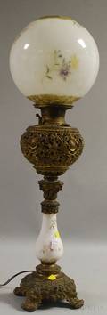 Bradley  Hubbard Victorian Rococo Revival Cast Brass and Handpainted Floraldecorated Glass Kerosene Table Lamp