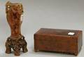 Chinese Carved Soapstone Figural Vase and Stand and an Inlaid Burlwood Veneer Music Box