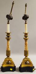 Pair of French Empirestyle Giltbronze and Marble Columnar CandlestickTable Lamps