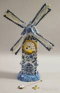 Delft Blue and White Floraldecorated Pottery Windmillform Clock