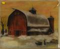 20th Century American School Pastel on Paper Depicting a Red Barn in Winter