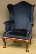 Queen Annestyle Upholstered Carved Mahogany Wing Chair