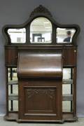 Late Victorian Carved Mahogany and Mahogany Veneer Mirrored Writing DeskBookcase