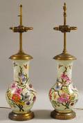 Pair of Handpainted Floral and Fruitdecorated Celadon Glazed Ceramic VaseTable Lamps