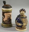 Mettlach Etched and Printed Portraitdecorated Stoneware Stein and a German Turkomanform Stoneware Stein