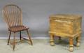 Wood Lidded Ice Box with Turned Legs and a Windsor Bowback Side Chair
