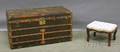 Victorian Rococo Revival Upholstered Carved Walnut Footstool and a Wood Brass and Leatherbound Painted Canvasclad Steamer Trunk
