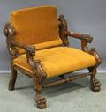 Victorian Renaissance Revival Upholstered Carved Walnut Armchair
