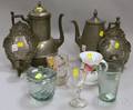 Five Mostly Blown Glass Items a Pair of Pewter Sconces and Two Coffeepots