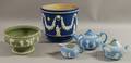 Wedgwood Dark Blue Jasper Dip Jardiniere a Threepiece Light Blue Jasper Dip Tea Set and a Solid Jasper Footed Salad Bowl