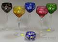 Set of Five ColoredcuttoClear Glass Wine Stems and a CobaltcuttoClear Glass Footed Master Salt