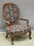 Victorian Rococo Revival Upholstered Carved Walnut Parlor Armchair
