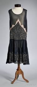 1920s Navy Blue Beaded Silk Dress