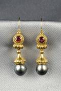 18kt Gold Tahitian Pearl and Garnet Earpendants