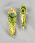 Two Art Nouveau 14kt Gold and Enamel Peacock Feather Brooches One Krementz  Co