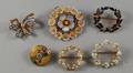 Six Small Antique and Art Nouveau 14kt Gold and Enamel Pins