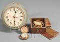 Gimbaled Boxed Compass Cased Pocket Barometer and Brass Ships Bell Clock