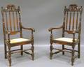 Pair of Paine Furniture Carved Maple Bannisterback Armchairs with Caned Seats