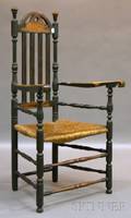 Blackpainted Wooden Bannisterback Chair with Scrolling Arms