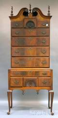 Small Queen Annestyle Carved and Inlaid Mahogany and Mahogany Veneer Scrolltop Highboy